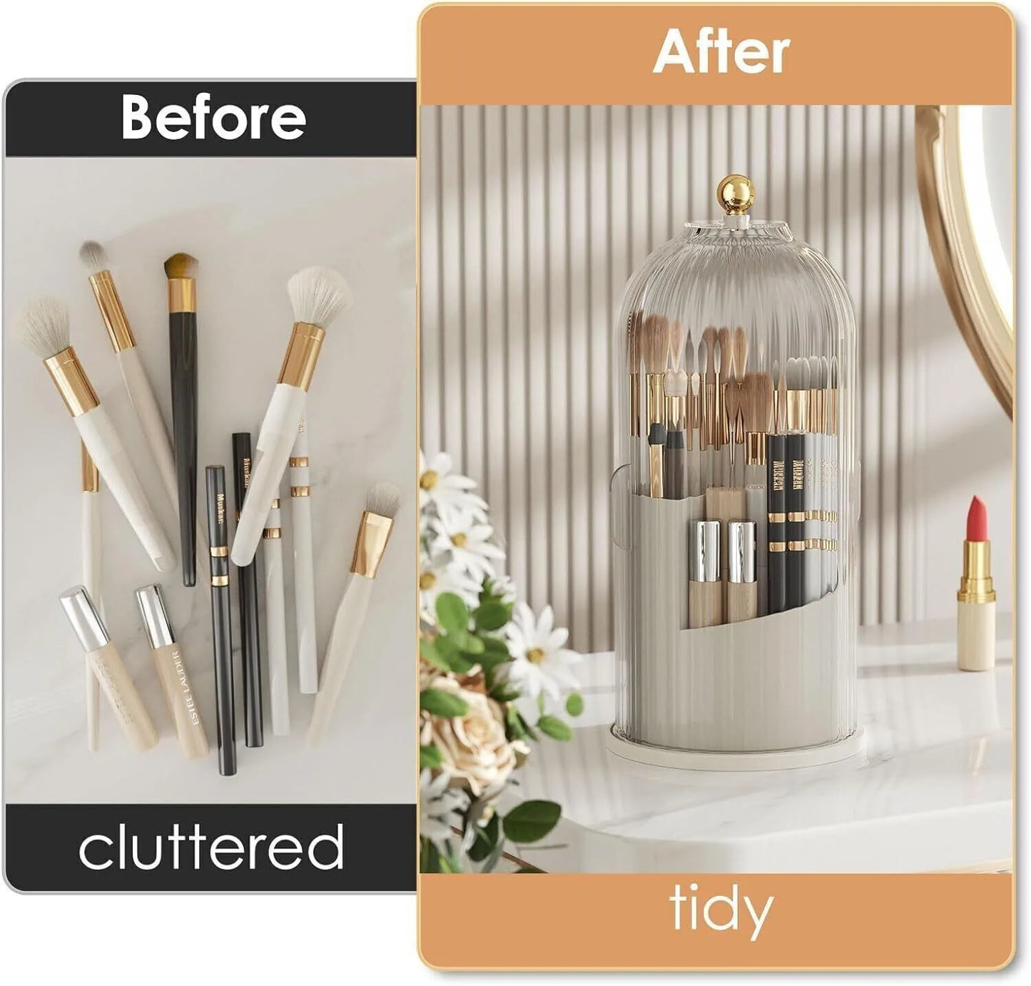 360° Rotating Makeup Brush Holder With Lid Cosmetic Organizer Storage Box