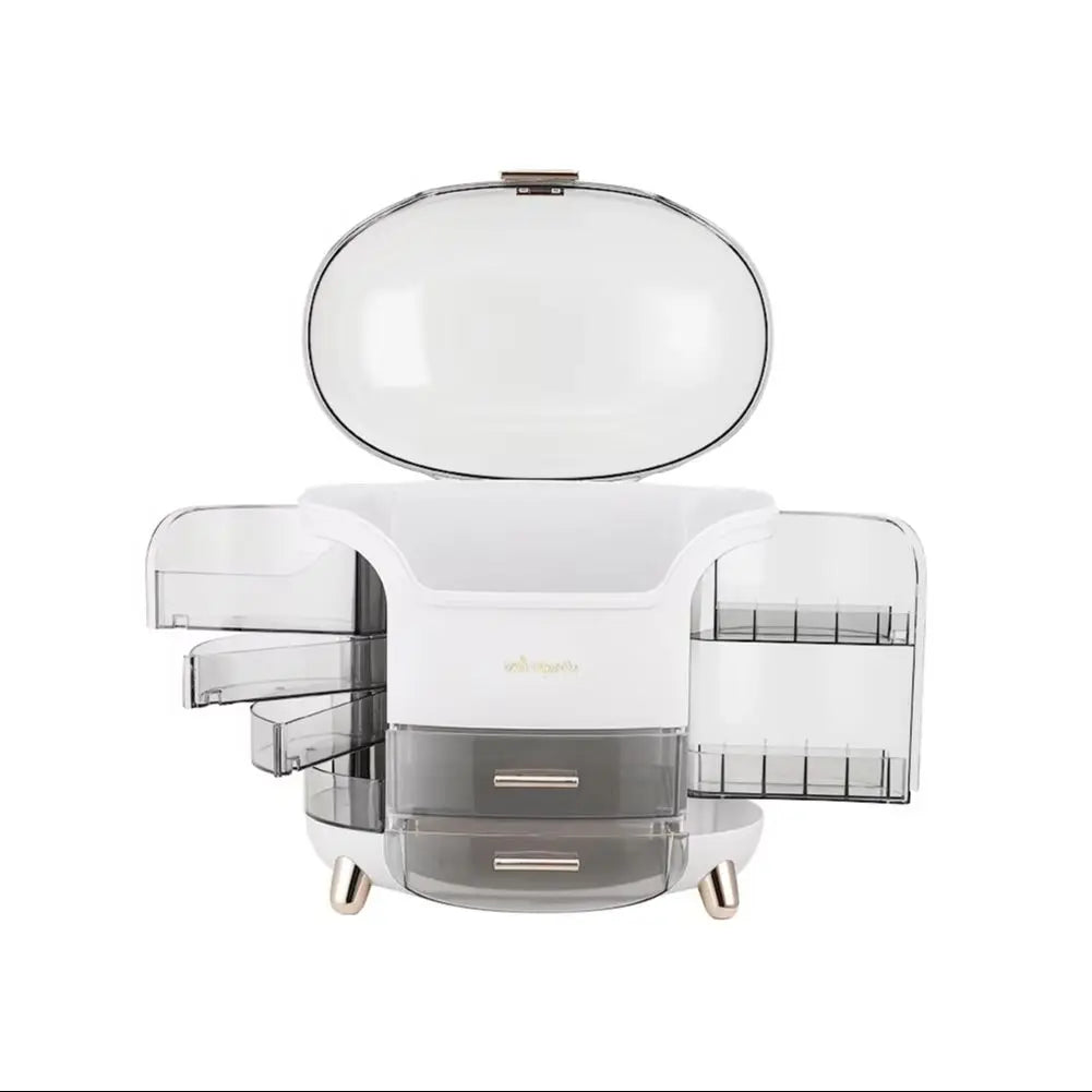 Stylish Makeup Storage Box Organizer with Drawers and Rotating Brush Compartments