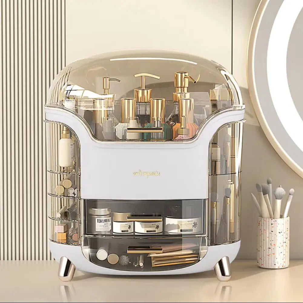 Stylish Makeup Storage Box Organizer with Drawers and Rotating Brush Compartments