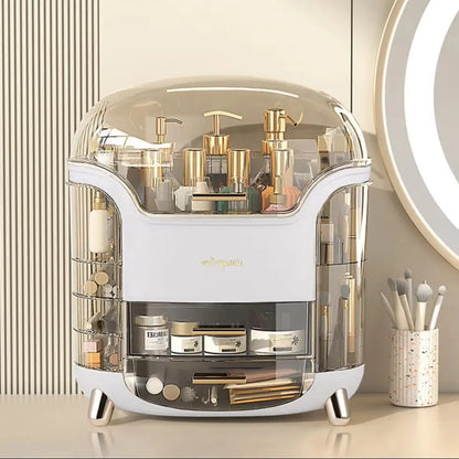 Stylish Makeup Storage Box Organizer with Drawers and Rotating Brush Compartments