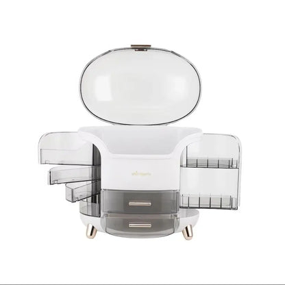 Stylish Makeup Storage Box Organizer with Drawers and Rotating Brush Compartments