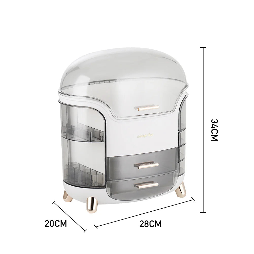 Stylish Makeup Storage Box Organizer with Drawers and Rotating Brush Compartments