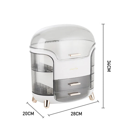 Stylish Makeup Storage Box Organizer with Drawers and Rotating Brush Compartments